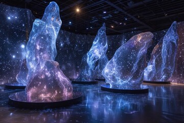 A cosmic art installation with sculptures made of starlight and nebulae Symbolizing the unity of art and science - obrazy, fototapety, plakaty