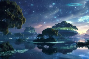 A cosmic lagoon with bioluminescent waters and floating islands Offering a tranquil escape for space travelers - obrazy, fototapety, plakaty