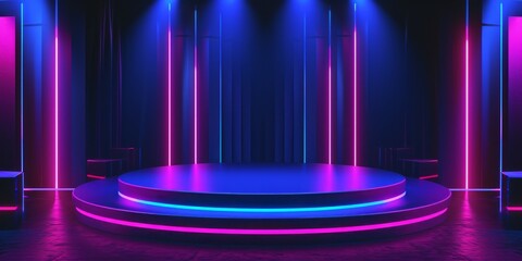 An empty stage club with blue and purple bright stage lights , good for your presentation product - obrazy, fototapety, plakaty