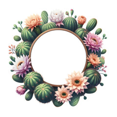 Obraz na płótnie Canvas round frame with cactus flowers around and empty white center isolated on white background