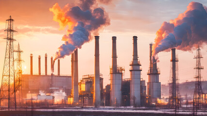 Power plant with smoking chimneys at sunset. Global warming concept.