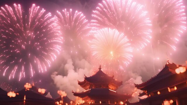 Fireworks Chinese New Year above temple. Lunar New Year fireworks 2024 effect. Happy Chinese New Year 2024 sparkling animation,year of the dragon, Copy space 4k mp4