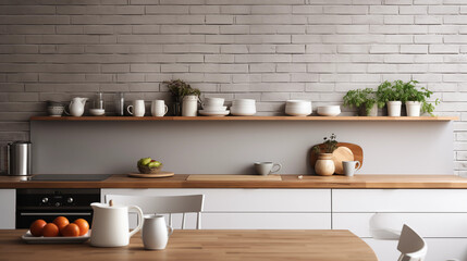 a modern kitchen with white cabinets, table, chairs and a wooden countertop. A grey brick wall...