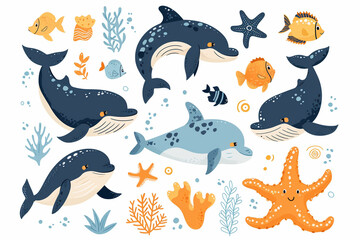 
A set of adorable marine animals in flat cartoon style. Ideal sea life and ocean design elements for printing, posters, cards, and creative projects.