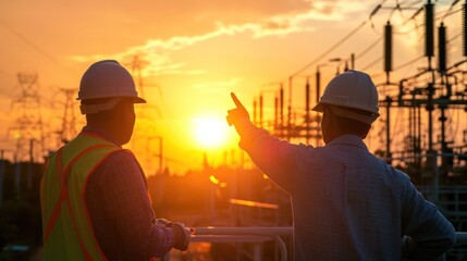 Fototapeta na wymiar Blue collar worker points towards sun setting over power distribution center with white collar worker looking the same direction.