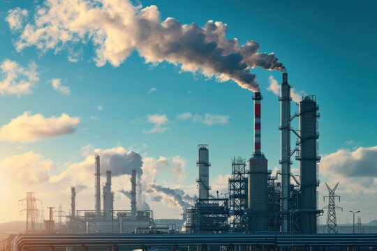 Industrial factories produce carbon gas, ozone, air, and release carbon gas.