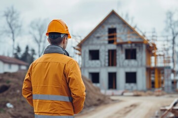 Construction supervisory engineer standing in a helmet against the background of a house under construction.