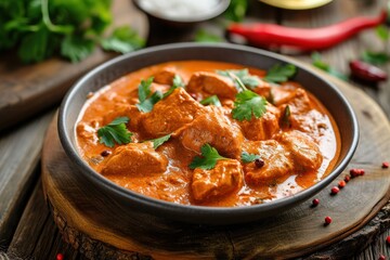 Spicy chicken tikka masala in bowl on rustic wooden background.