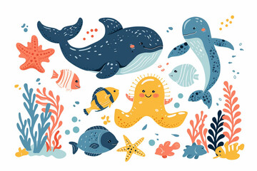 
A set of adorable marine animals in flat cartoon style. Ideal sea life and ocean design elements for printing, posters, cards, and creative projects.