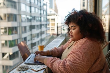 beautiful plus size girl working on her laptop - obrazy, fototapety, plakaty