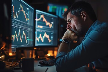 Stock trader, investor sitting in front of screen on table Disappointed because he lost the trade
