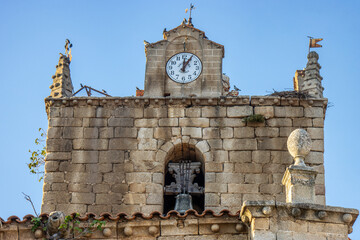 Detail of the tower of the Santa Marina church in Cañaveral, Cáceres, Spain