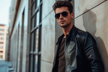Fototapeta premium A stylish male model posing in a trendy urban environment Wearing a leather jacket and sunglasses