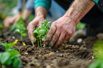 hands of men working in a community garden planting trees