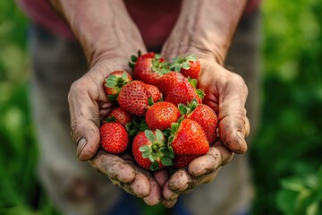 Farmer hands holding fresh strawberries - obrazy, fototapety, plakaty