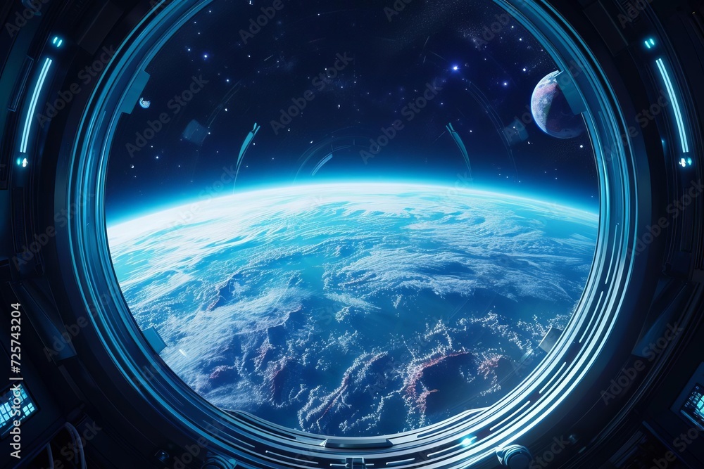 Wall mural a view of a distant earth-like planet with a blue atmosphere and green continents from a spaceship w
