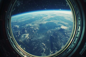A view of a distant earth-like planet With a blue atmosphere and green continents From a spaceship window