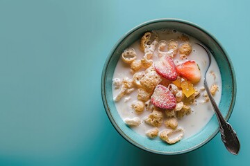 Cereal bowl full of milky cereal with a spoon. A delicious breakfast to start the day off right. Generative AI