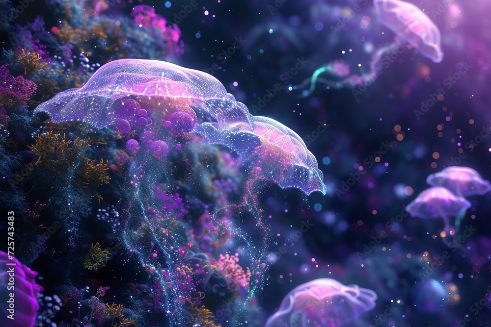 Poster an imaginative concept of life forms in zero gravity floating amidst cosmic flora and fauna