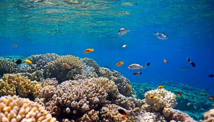 Fototapeta na wymiar colourful fish swimming in underwater coral reef landscape deep blue ocean with colorful fish and marine life