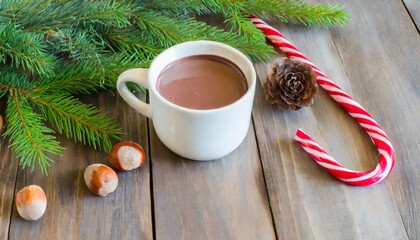 Obraz na płótnie Canvas cup of hot chocolate with hazelnuts and cinnamon sticks on wooden table sweet candy canes fir branches and cones decoration christmas holiday background