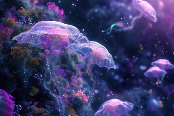 An imaginative concept of life forms in zero gravity Floating amidst cosmic flora and fauna