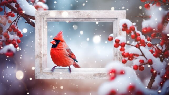 Photo Frame space with red perched birds, winter theme template	