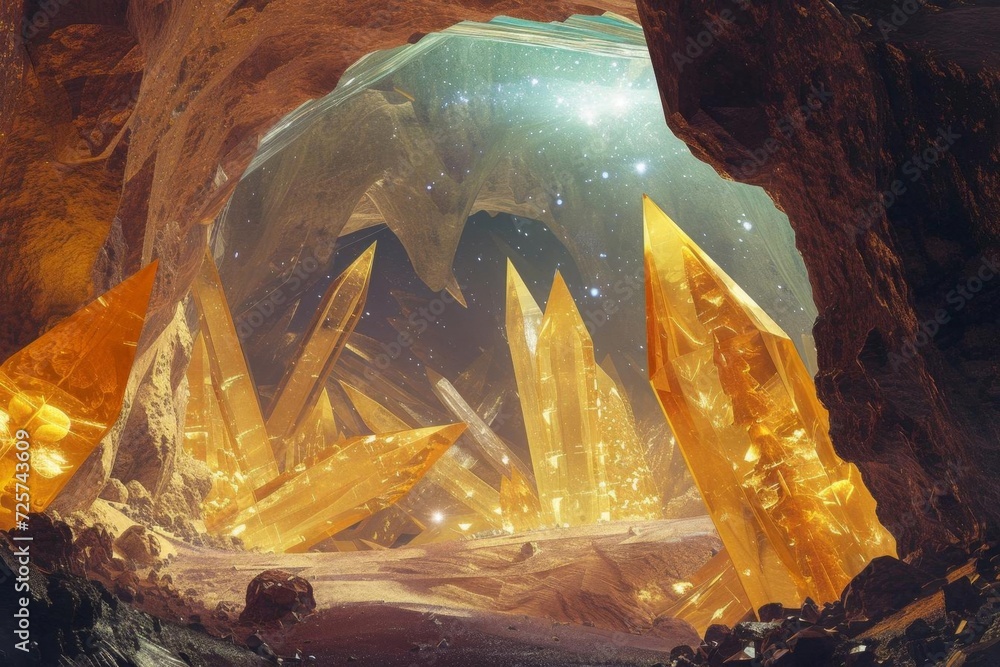 Poster an otherworldly scene of a crystal cave on a remote planet with luminous formations and a view of th