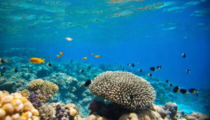 colourful fish swimming in underwater coral reef landscape deep blue ocean with colorful fish and marine life