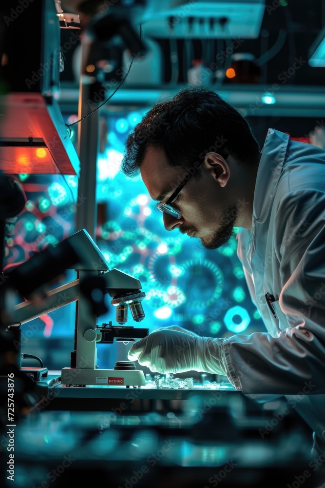 Poster A man wearing a lab coat is seen looking through a microscope. This image can be used to depict scientific research and laboratory work
