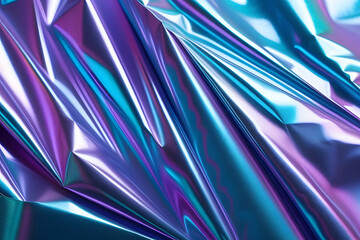 Blue and purple crumpled iridescent holographic foil texture background with shiny light reflections