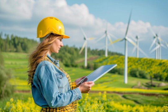 Female environmentalist studying renewable energy sources in a green field