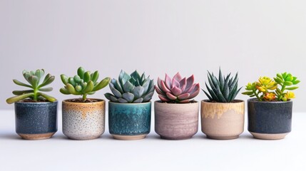 Assorted succulents in minimalist pots against a white background, emphasizing simplicity and green living