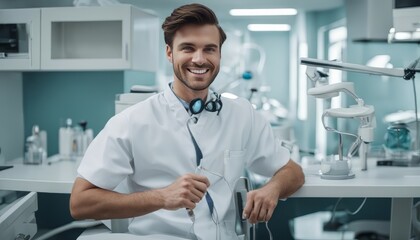 potrait Young male happy dentist at his office
