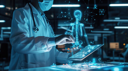 Healthcare professional is using a tablet that displays a holographic projection of a human anatomy model, showcasing various internal systems.