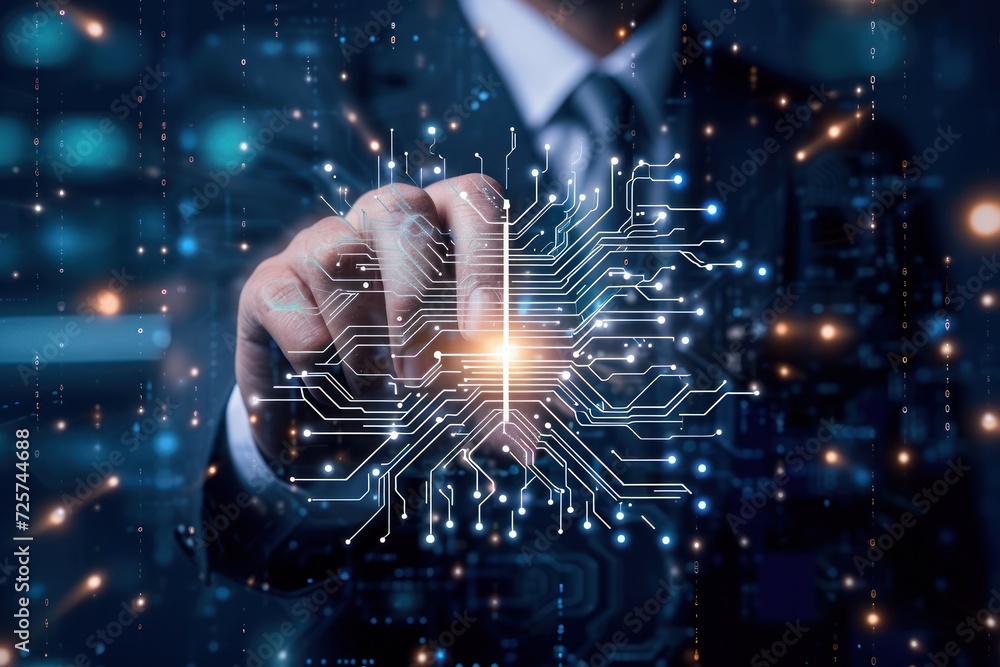Poster future technology ai businessman touches cpu chip to develop artificial intelligence