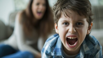 A little boy screams in hysterics, displaying childish aggression against the background of his mother - obrazy, fototapety, plakaty
