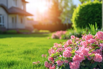 Obraz premium A manicured lawn with flowers and shrubs in the background of a sunny backyard.