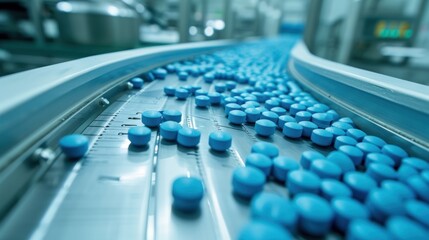 Fototapeta premium Blue pill capsules move on a conveyor belt in a modern pharmaceutical factory.