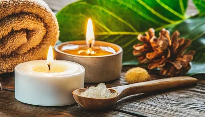 Cercles muraux Spa concept of spa treatment in salon with pure organic natural oil atmosphere of relax detention aromatherapy candles towel wooden background skin care body gentle treatment