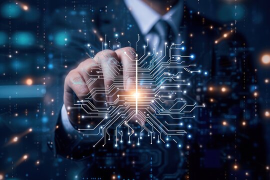 Future Technology Ai Businessman touches CPU chip to develop artificial intelligence