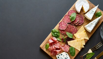 charcuterie board with gourmet cheese selection dried beef and salami slices on black banner