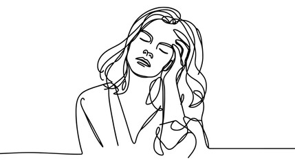Continuous line drawing of woman think, holding her face in despair. One line woman in stress