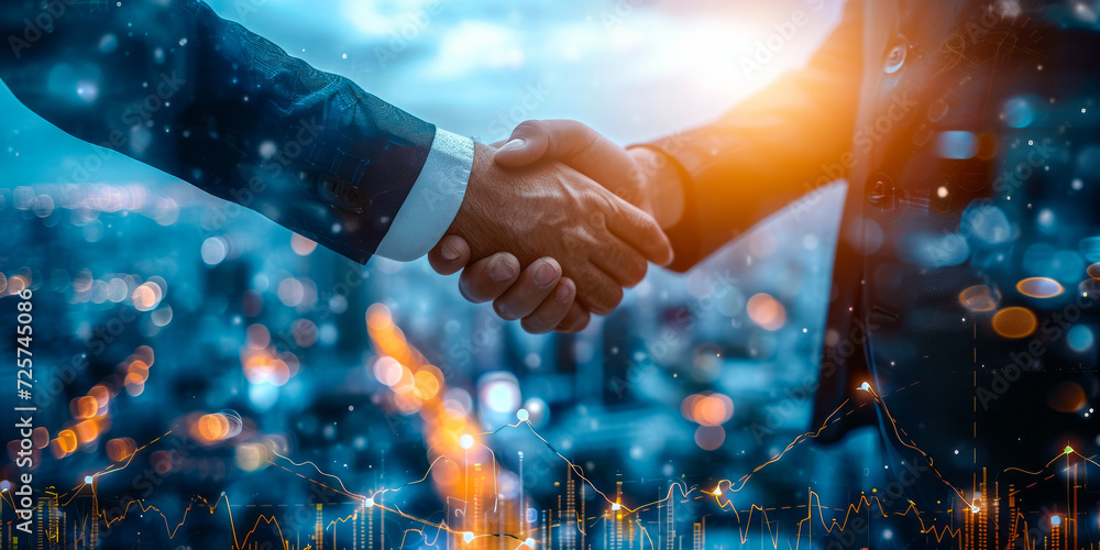 Poster successful business merger handshake with upward graphs symbolizing growth and teamwork in a corpora
