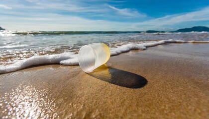 close up top view of a waste transparent plastic cup on the sand beach a moment before rushed by sea wave with copy space