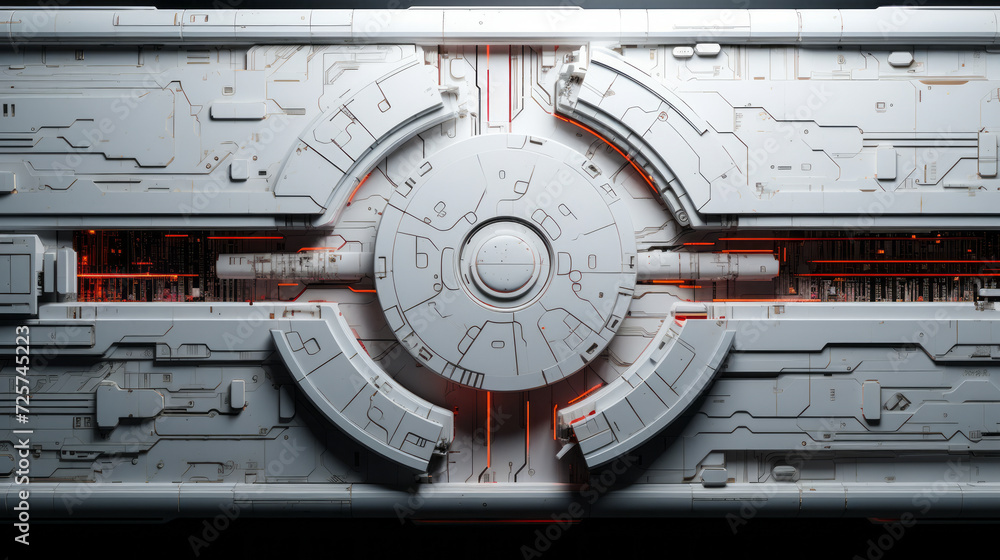 Poster futuristic white sci-fi panel with intricate patterns and red highlights creating an abstract techno