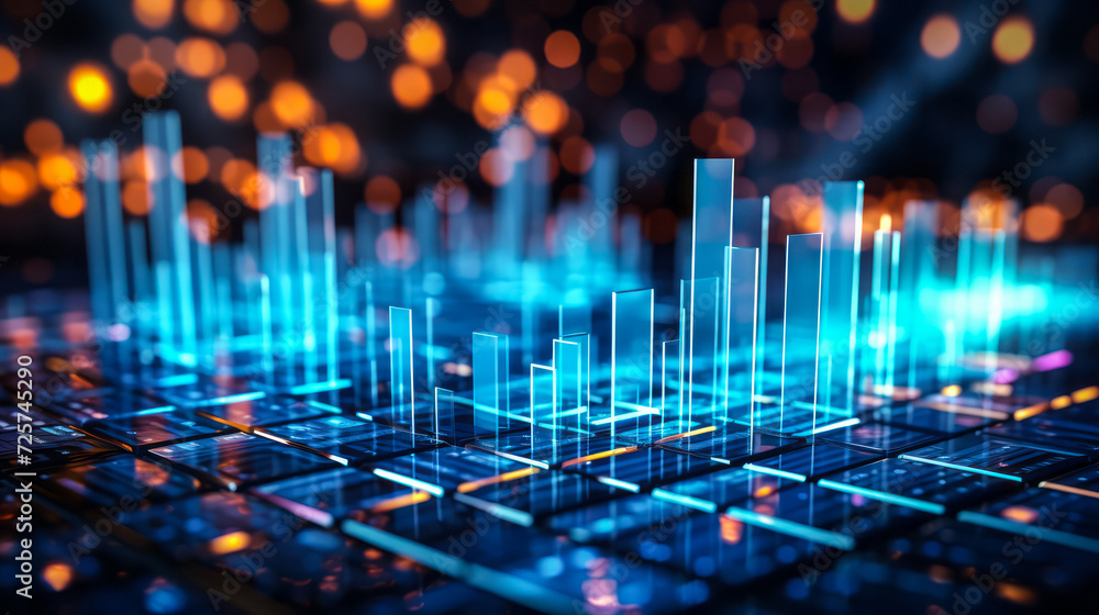 Poster abstract technological background with pulsating light bars on a grid, concept of data analysis, cyb