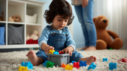 young child is focused on playing with colorful building blocks on a plush carpet - obrazy, fototapety, plakaty