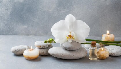 Fototapeta na wymiar white orchid and spa stones on the grey background