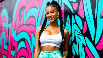 A fashionably dressed young woman with braided hair smiles while posing confidently in front of a vibrant graffiti backdrop under the bright sunshine.
